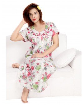 High Quality Pure Cotton Floral Print Long Nighty - White with Pink and Red